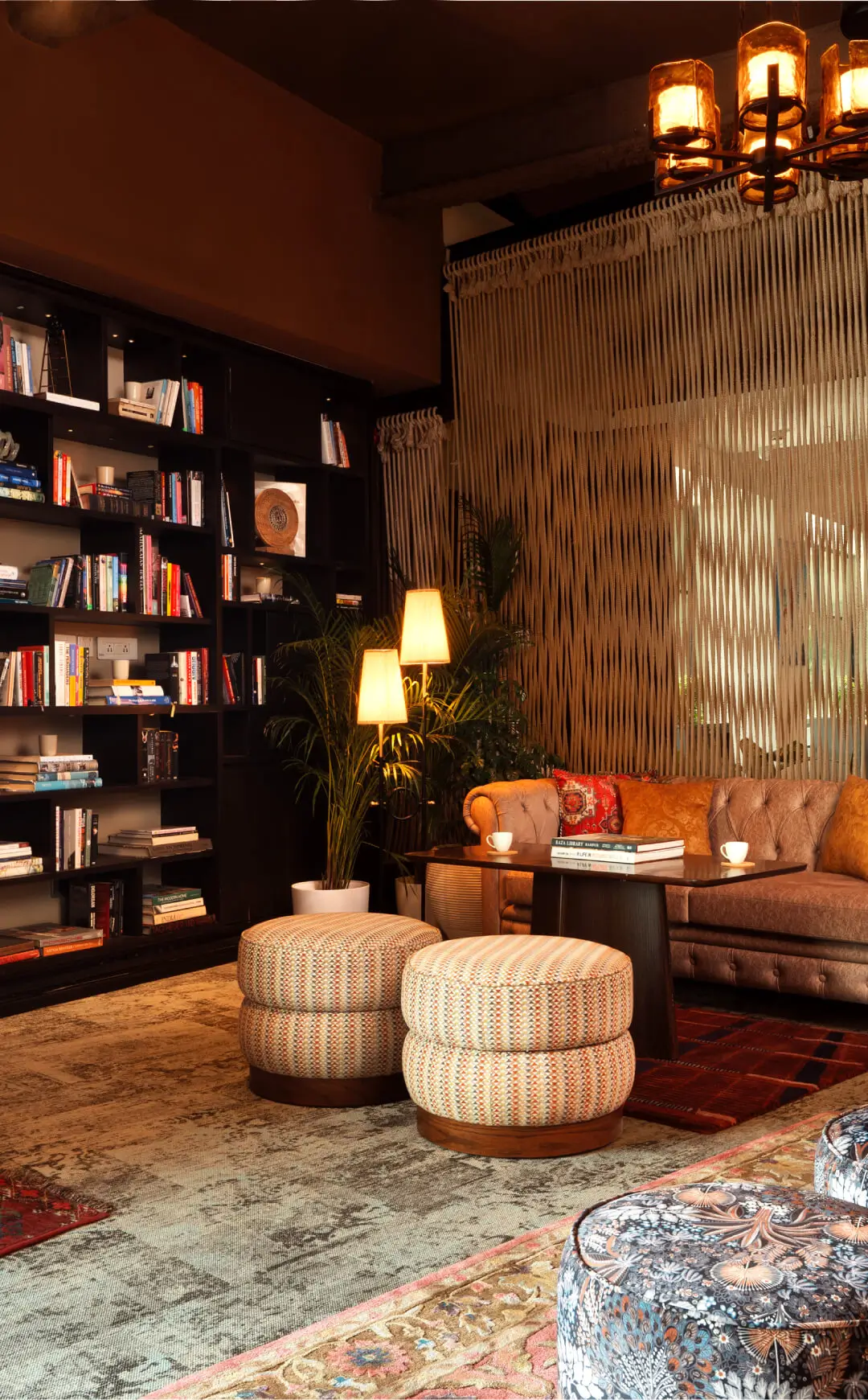 Elegant lounge area called 'The Den' at The Quorum, Mumbai's exclusive members-only club.